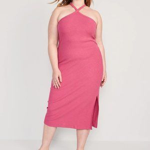 NWT Old Navy Pink Fitted Ribbed Knit Built-in Bra Halter Midi Dress - Size XL